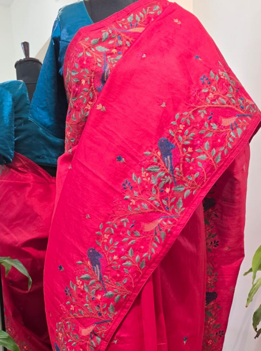Crimson Red Tussar Saree with Bird & Floral Embroidery