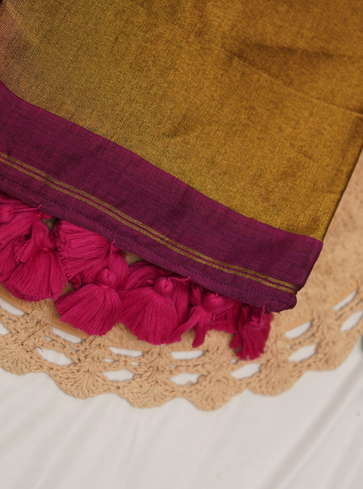 Mustard Gold Mul Cotton Saree with Magenta Border & Tassels
