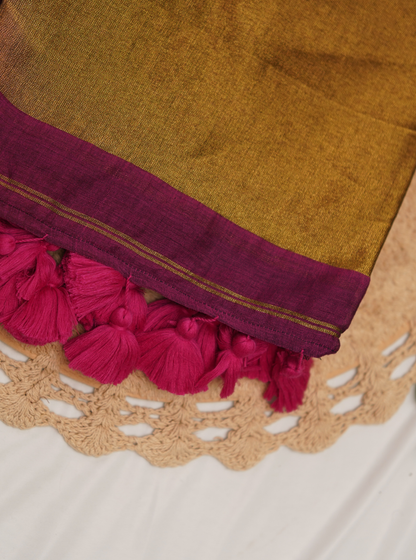Mustard Gold Mul Cotton Saree with Magenta Border & Tassels