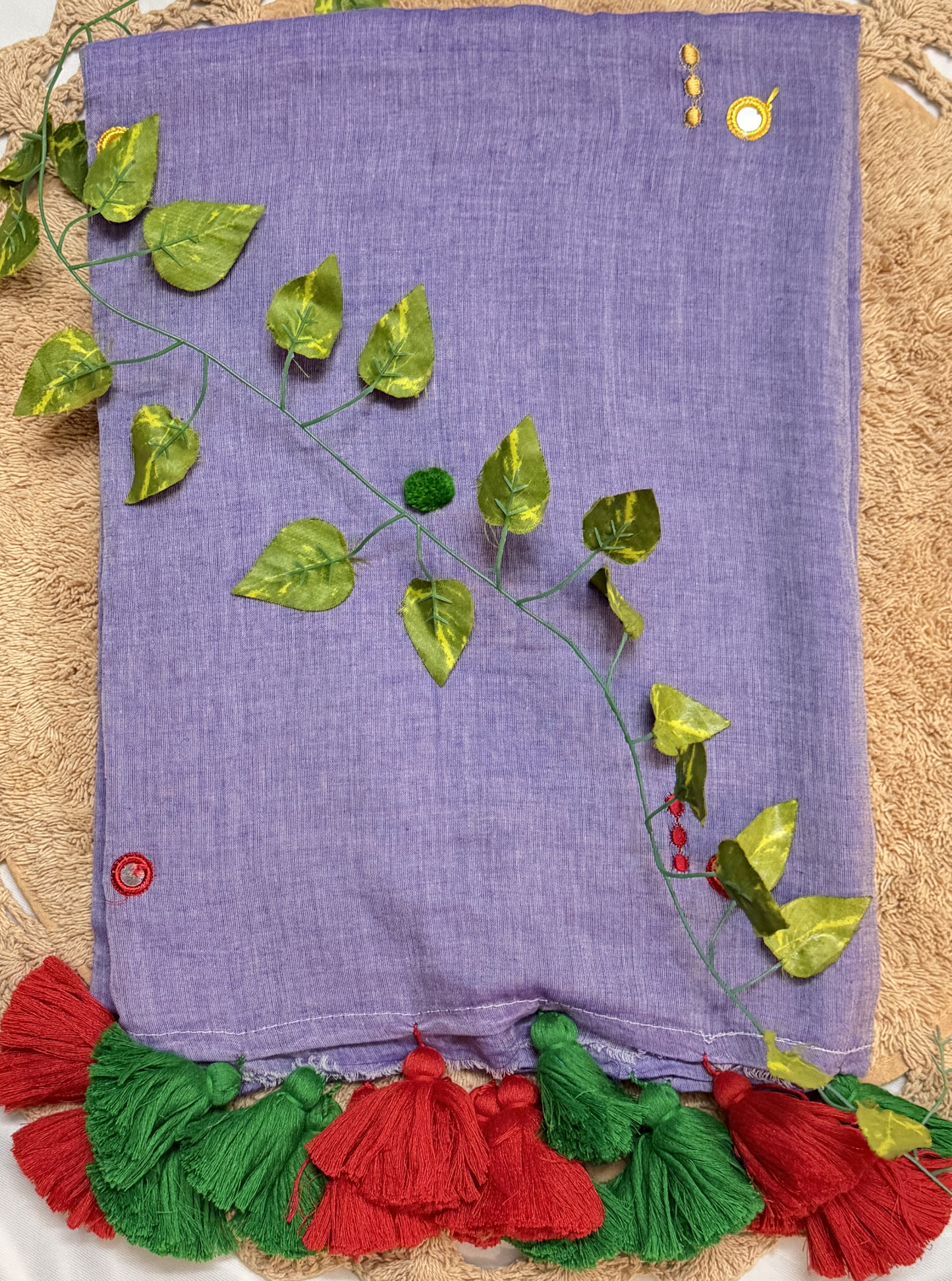 Lavender Mul Cotton Saree with Red & Green Tassels