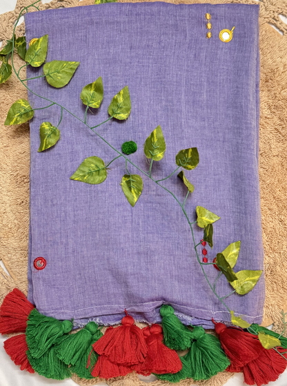 Lavender Mul Cotton Saree with Red & Green Tassels