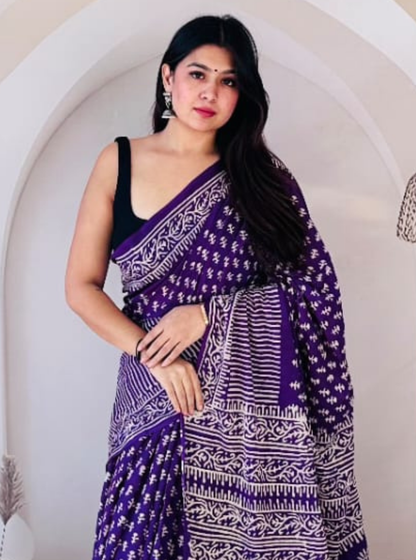 Royal Blue Cotton Jaipur Bagru Print Saree