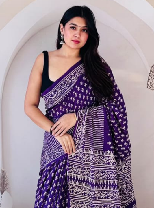 Royal Blue Cotton Jaipur Bagru Print Saree