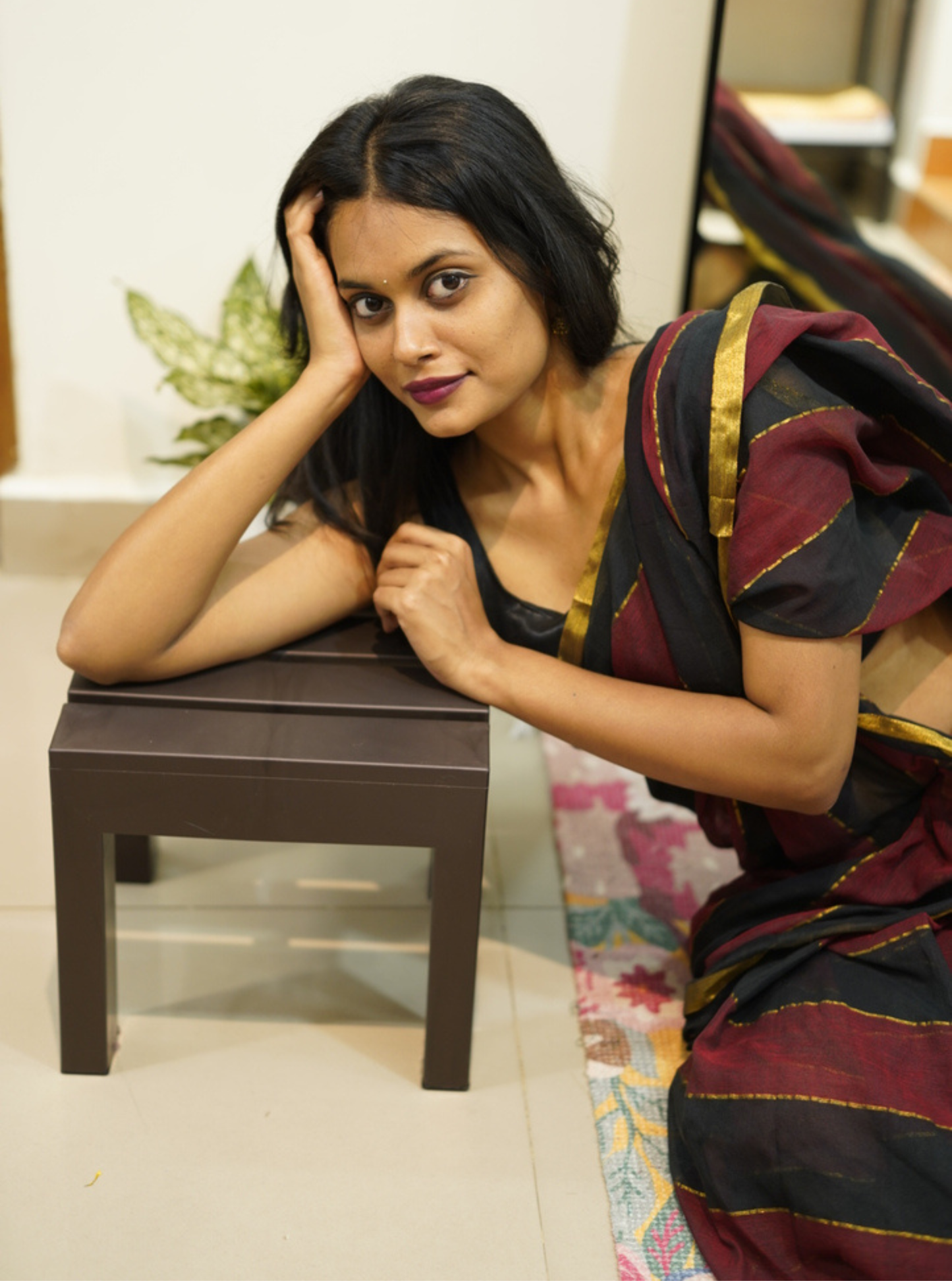 Black & Maroon Striped Mul Cotton Saree with Subtle Gold Border