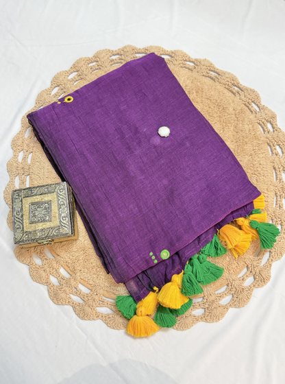 Classic Violet Mul Cotton Saree with Contrast Tassel Pallu