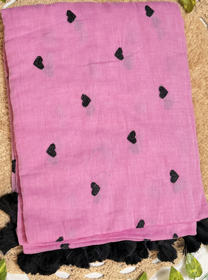 Rose Pink Mul Cotton Saree with Black Heart Motifs & Tassels