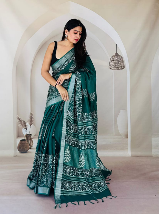 Emerald Green Cotton Linen Saree with Ethnic Handblock Prints