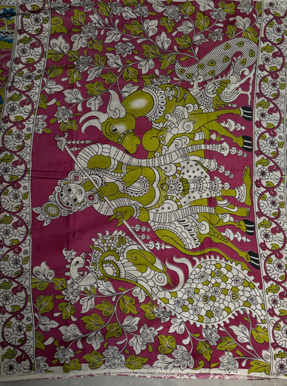 Lime Yellow Cotton Kalamkari Saree with Multicolor Floral Vine Motifs