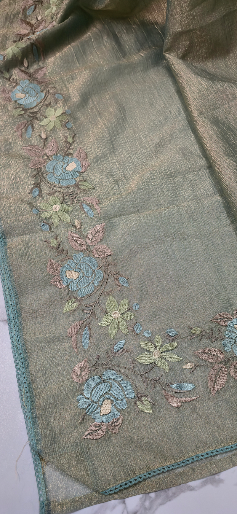 Stunning Pastel Green Crushed Tissue Silk Saree with Flower Embroidery for Festive Wear