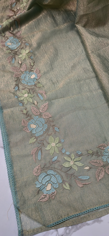 Stunning Pastel Green Crushed Tissue Silk Saree with Flower Embroidery for Festive Wear