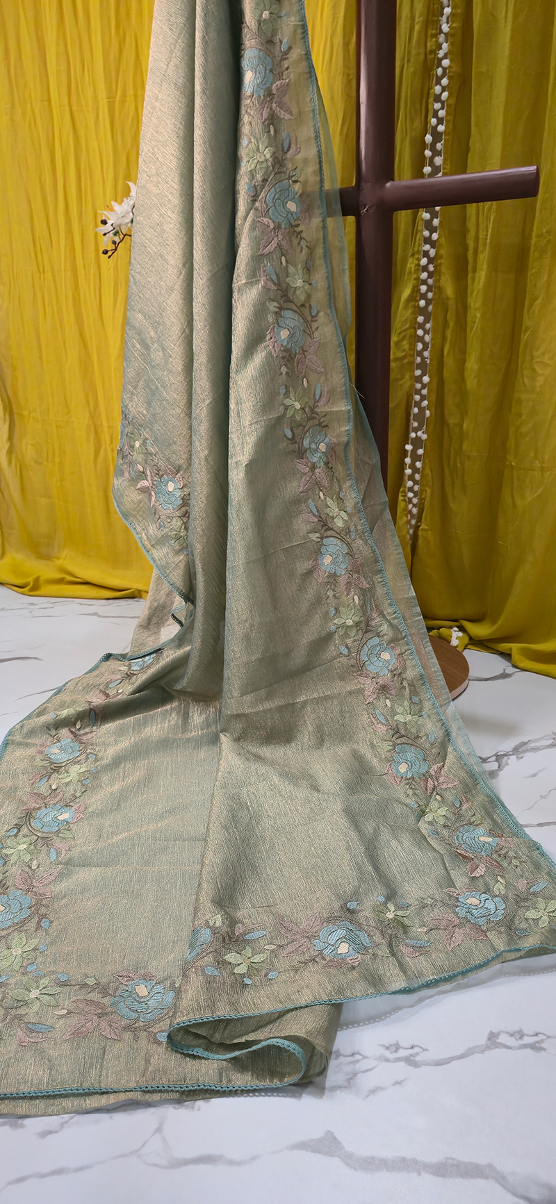 Stunning Pastel Green Crushed Tissue Silk Saree with Flower Embroidery for Festive Wear