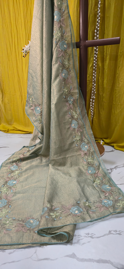 Stunning Pastel Green Crushed Tissue Silk Saree with Flower Embroidery for Festive Wear
