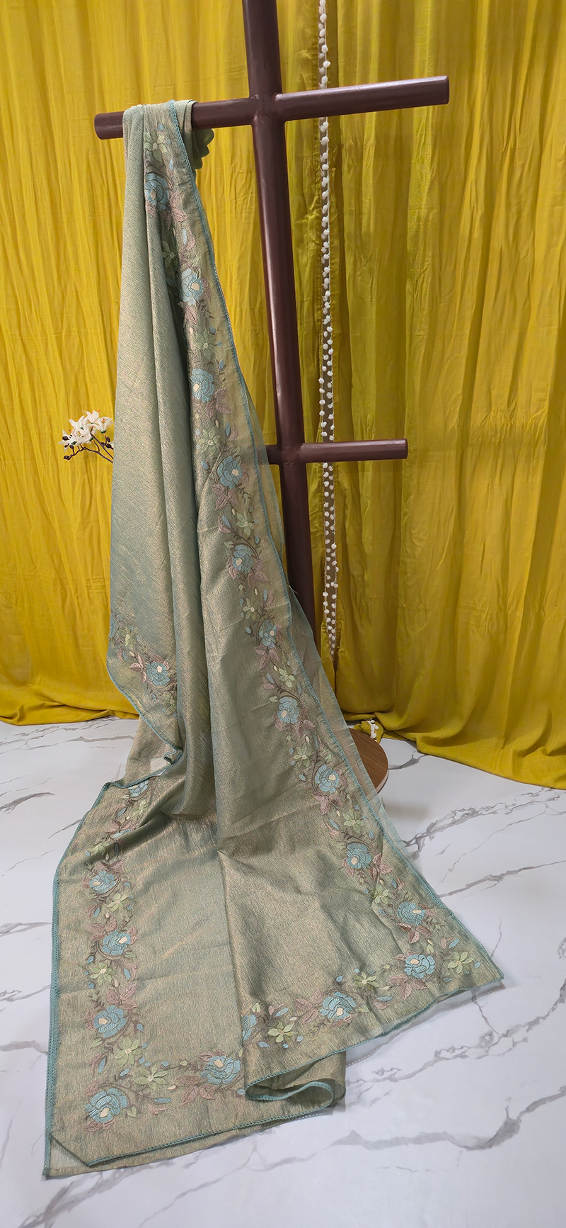 Stunning Pastel Green Crushed Tissue Silk Saree with Flower Embroidery for Festive Wear