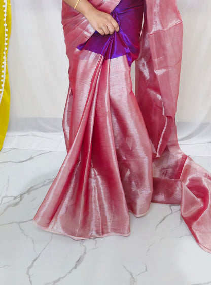 Royal Purple Tissue Cotton Saree with Soft Blush Pink Contrast Border