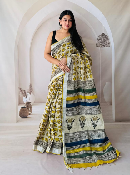 Ivory & Mustard Hand-Printed Linen Cotton Saree with Elephant Motifs