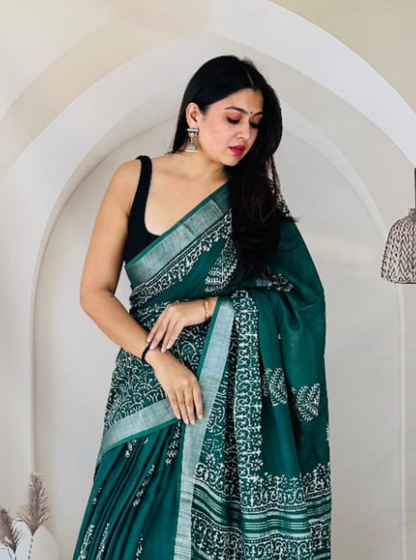 Emerald Green Cotton Linen Saree with Ethnic Handblock Prints