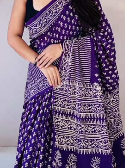 Royal Blue Cotton Jaipur Bagru Print Saree