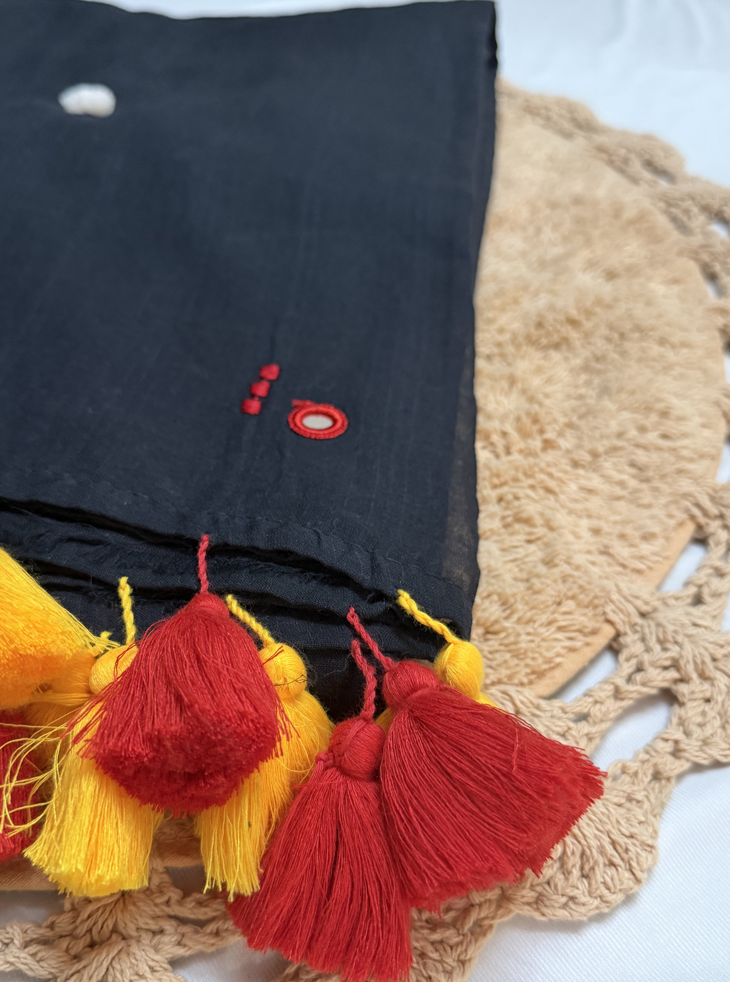 Elegant Black Mul Cotton Saree with Minimal Motifs & Contrast Tassels