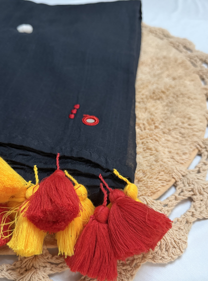 Elegant Black Mul Cotton Saree with Minimal Motifs & Contrast Tassels