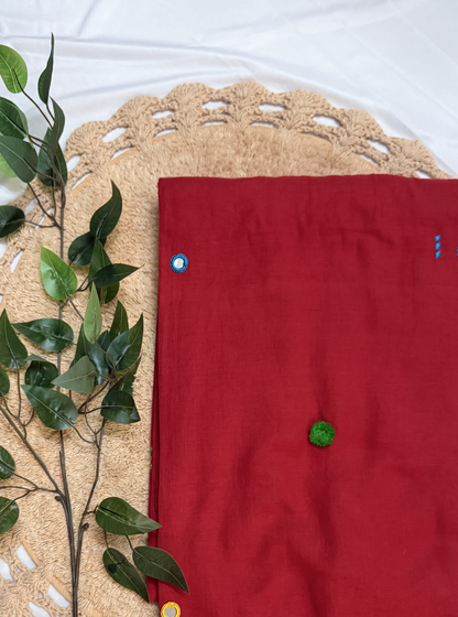 Vibrant Red Mul Cotton Saree with Contrast Tassels & Minimal Embroidery