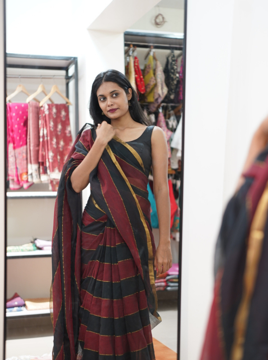 Black & Maroon Striped Mul Cotton Saree with Subtle Gold Border