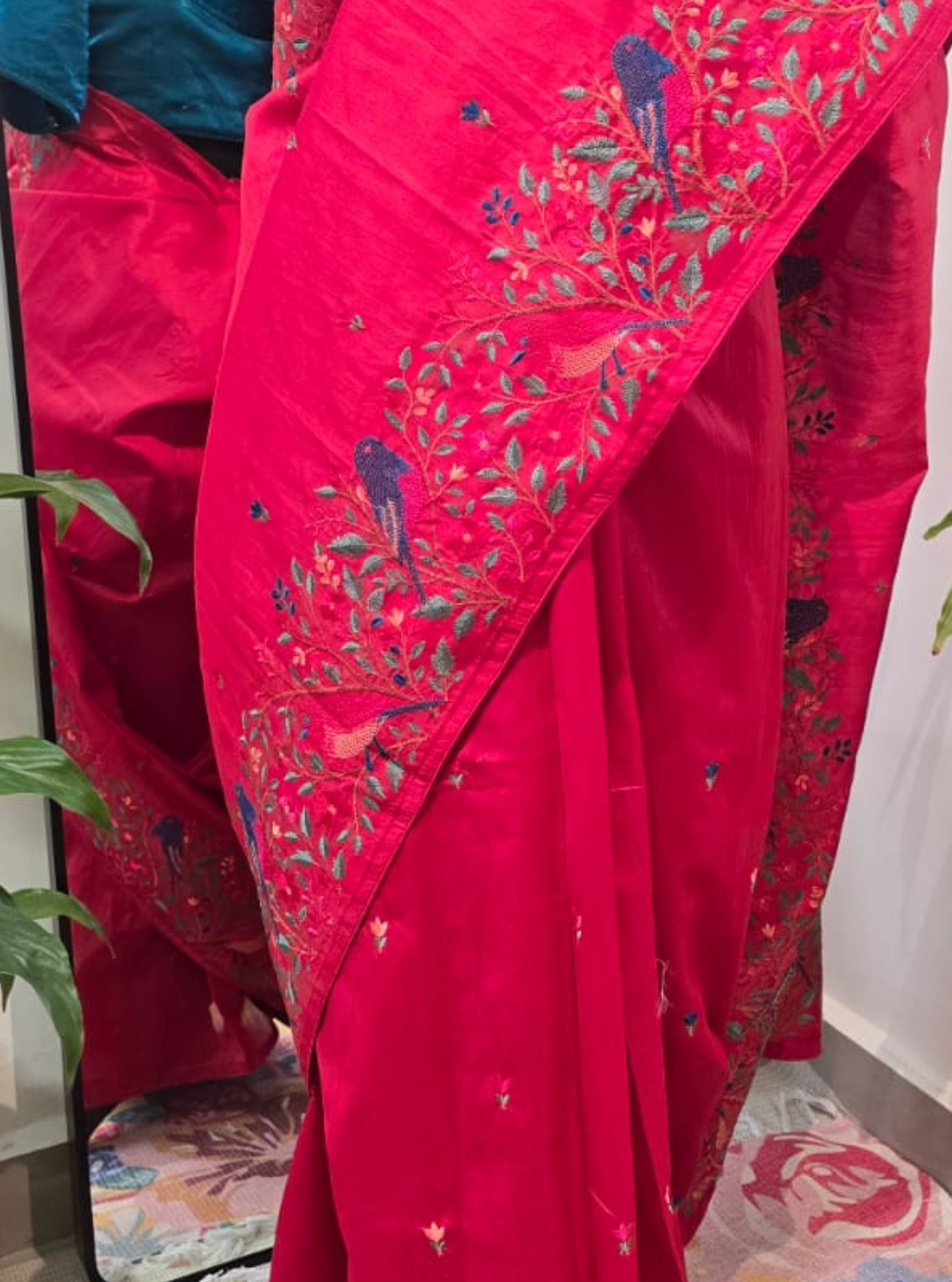 Crimson Red Tussar Saree with Bird & Floral Embroidery