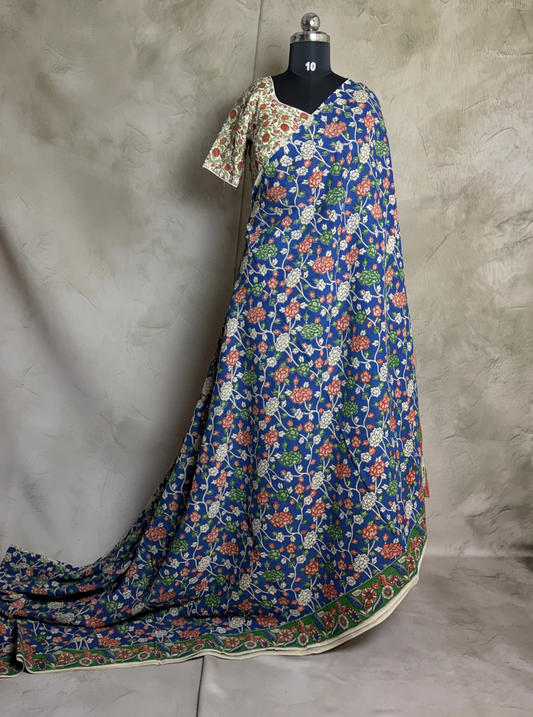 Royal Blue Cotton Kalamkari Saree with Floral Vine Motifs
