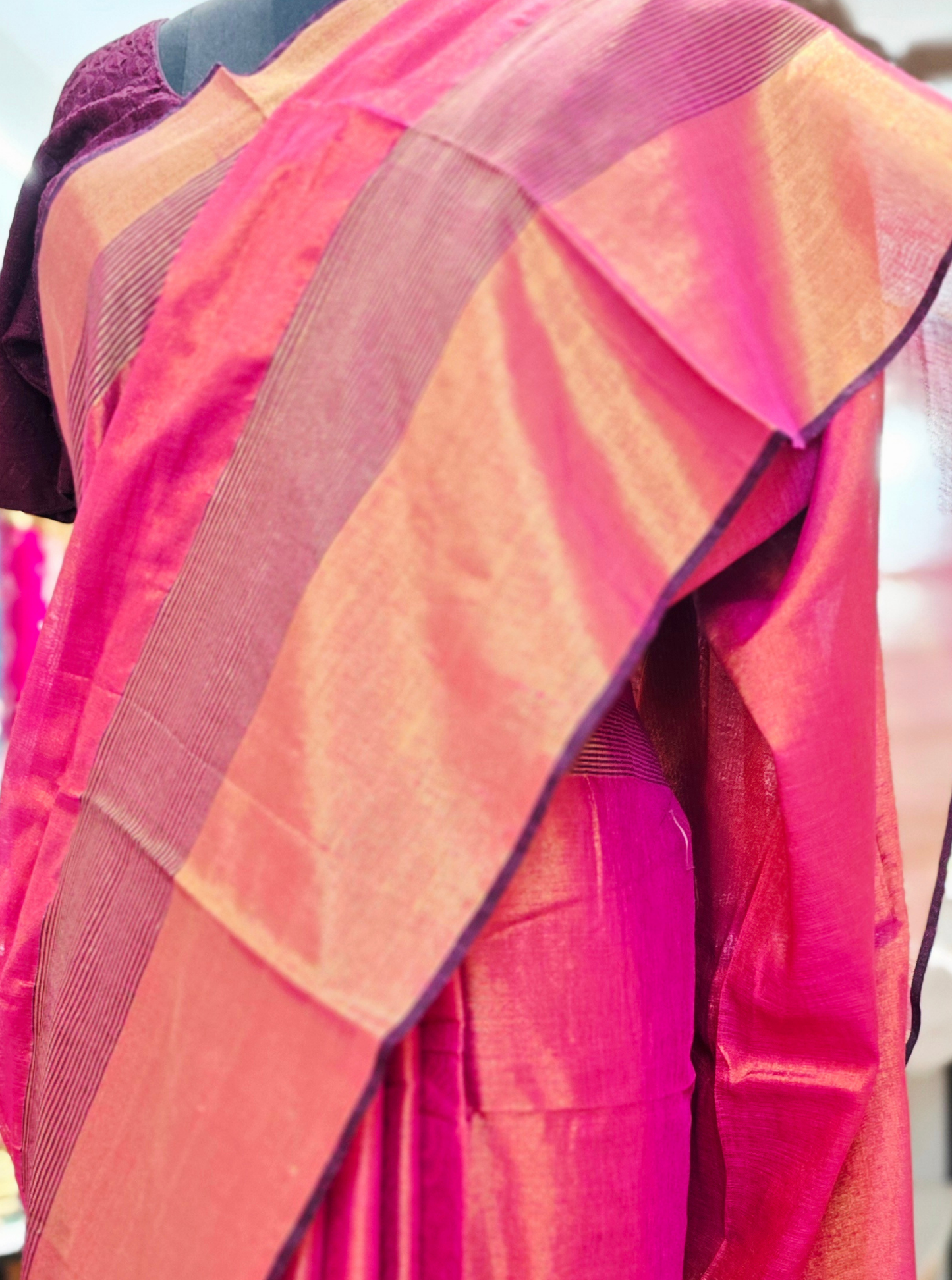Elegant Pink Tissue Linen Saree with Gold Border & Contrast Stripes