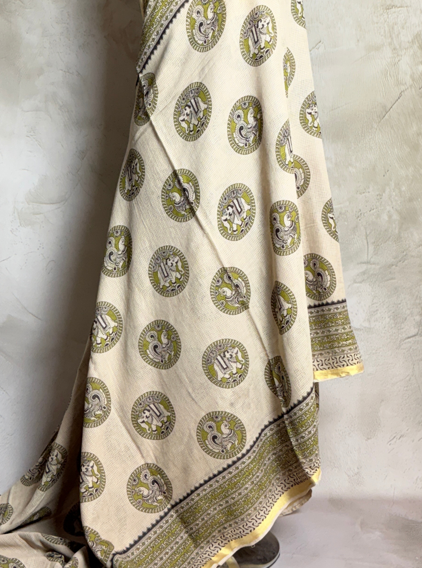 Ivory Kota Cotton Saree with Olive Green Circular Motifs & Ethnic Border
