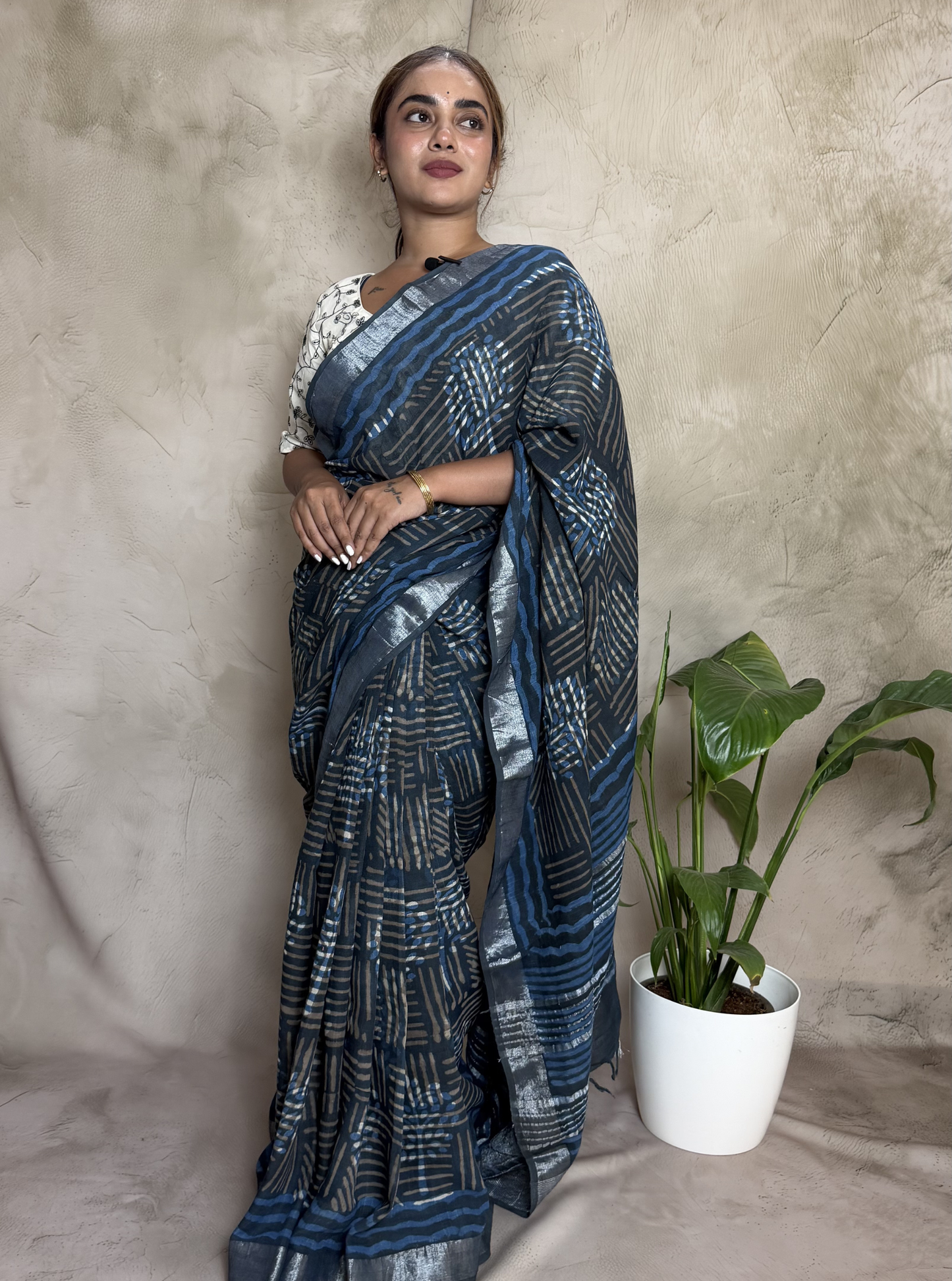 Indigo Blue Linen Cotton Saree with Silver Stripes & Abstract Print