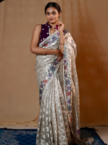 Elegant Silver Tissue Silk Saree with Floral Embroidery Border