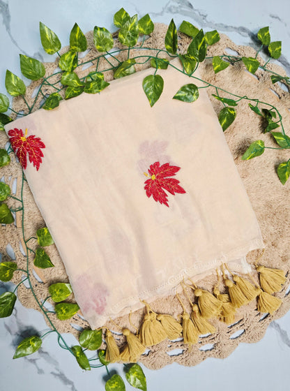 Ivory Mul Cotton Saree with Red Floral Embroidery & Gold Tassels