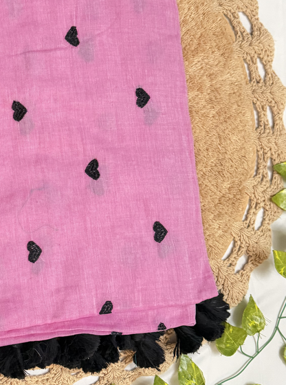 Rose Pink Mul Cotton Saree with Black Heart Motifs & Tassels