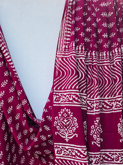 Rani Pink Bagru Handblock Printed Cotton Saree