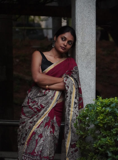 Grey Kota cotton Kalamkari Saree with Floral Art
