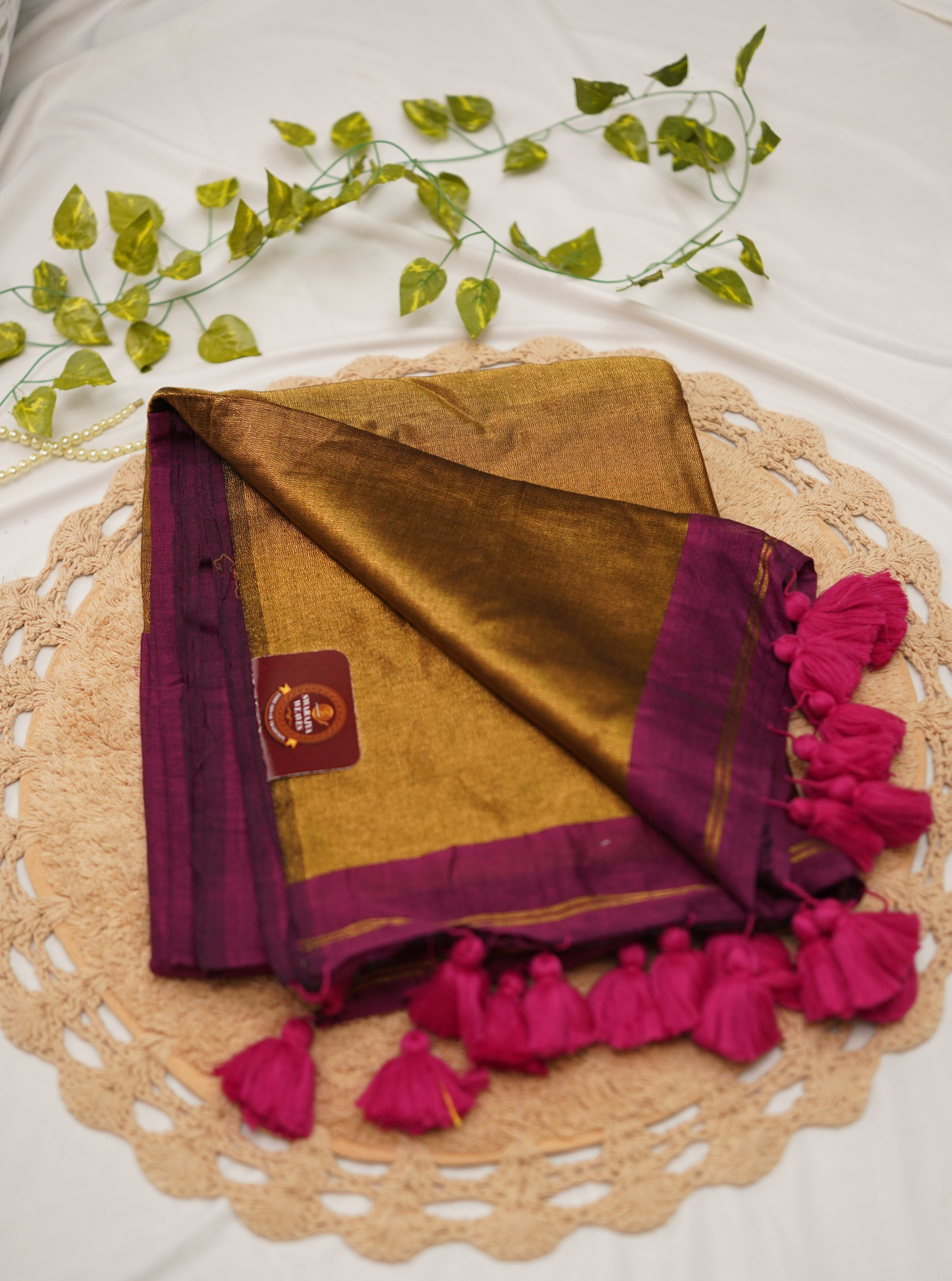 Mustard Gold Mul Cotton Saree with Magenta Border & Tassels