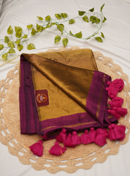 Mustard Gold Mul Cotton Saree with Magenta Border & Tassels