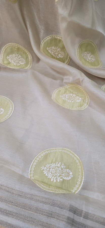 Elegant Ivory Tissue Silk Saree with Applique Design for Festive Wear