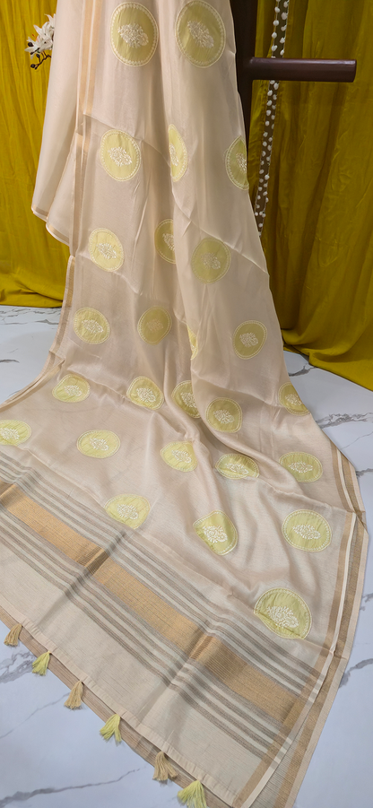 Elegant Ivory Tissue Silk Saree with Applique Design for Festive Wear