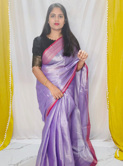Lavender Tissue Cotton Saree with Subtle Silver Sheen & Pink Contrast Border