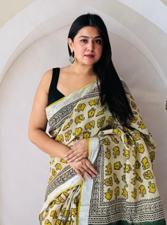 Ivory & Mustard Hand-Printed Linen Cotton Saree with Elephant Motifs