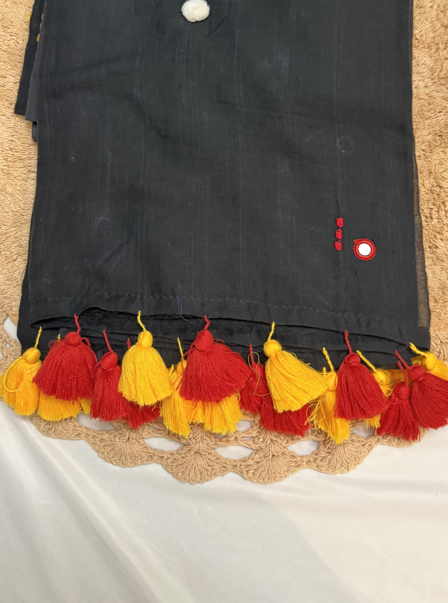 Elegant Black Mul Cotton Saree with Minimal Motifs & Contrast Tassels
