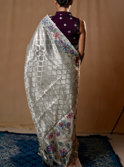 Elegant Silver Tissue Silk Saree with Floral Embroidery Border