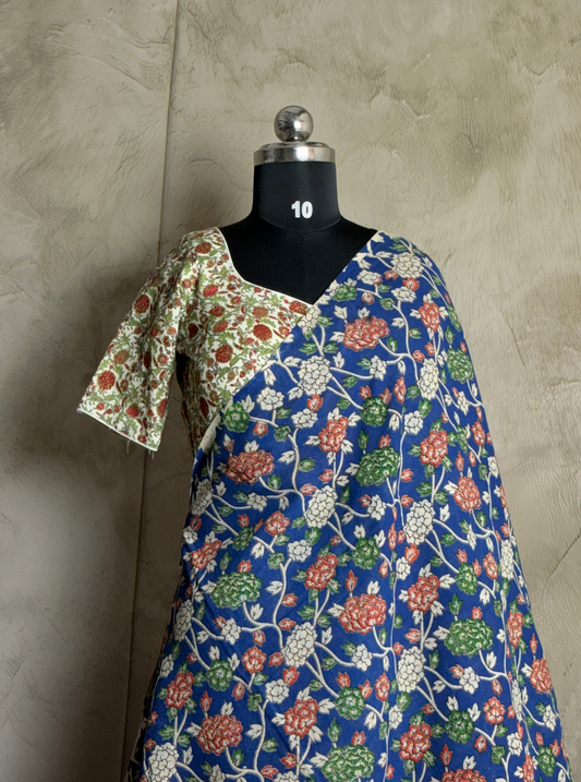 Royal Blue Cotton Kalamkari Saree with Floral Vine Motifs