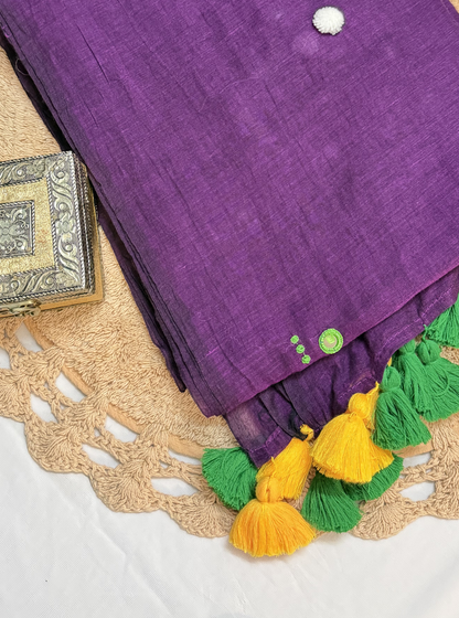 Classic Violet Mul Cotton Saree with Contrast Tassel Pallu
