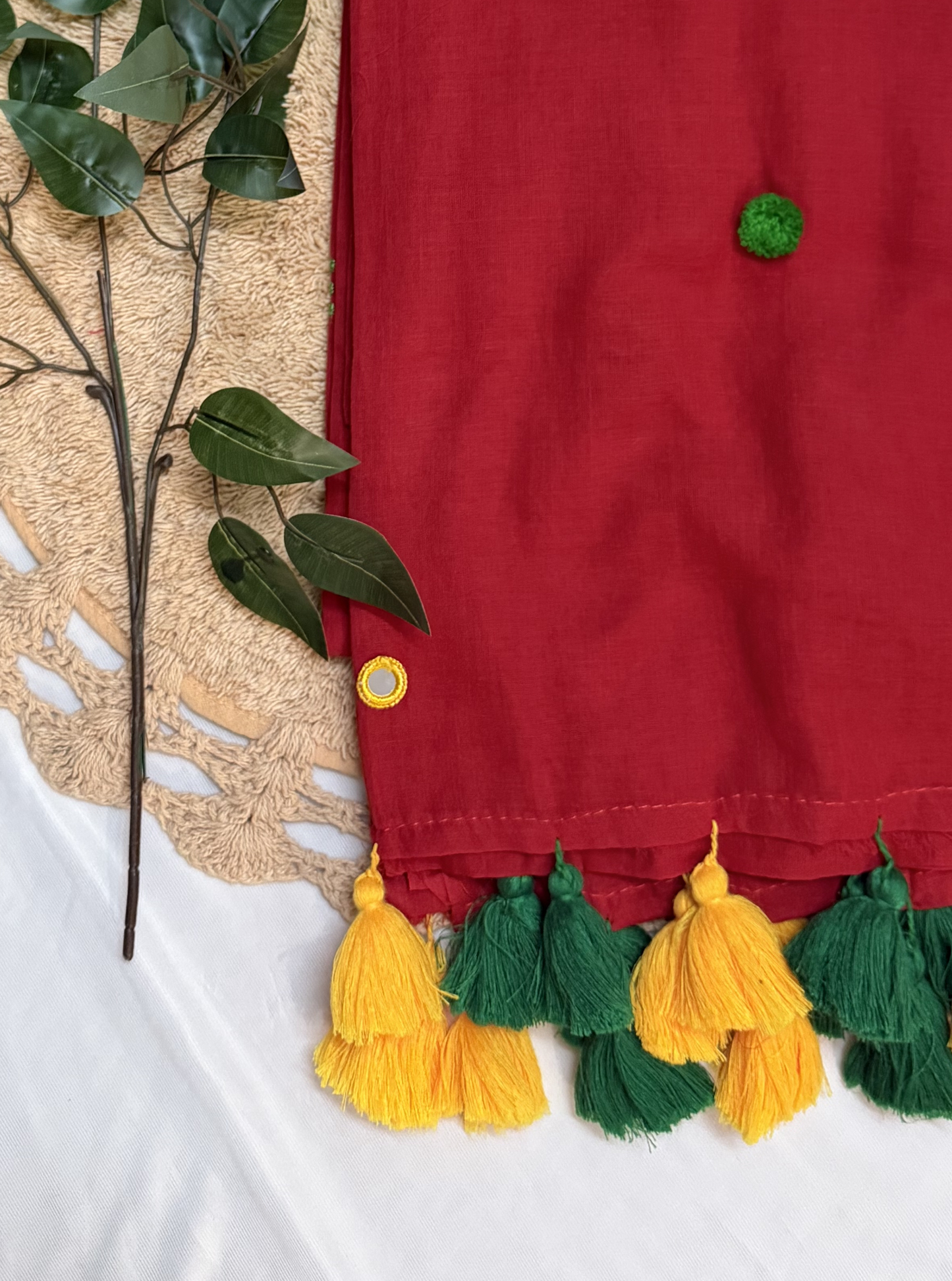Vibrant Red Mul Cotton Saree with Contrast Tassels & Minimal Embroidery