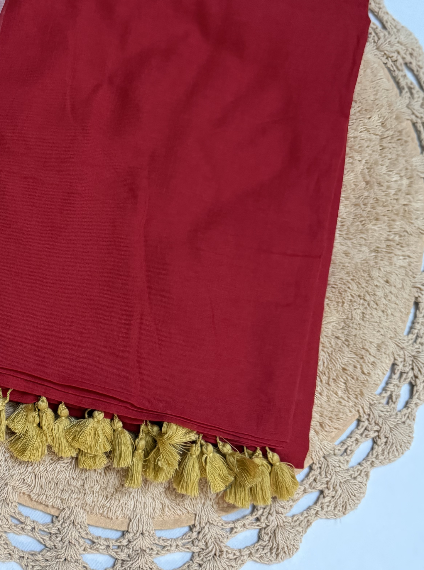 Crimson Red Mul Cotton Saree with Golden Tassel Pallu