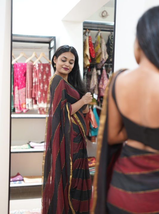 Black & Maroon Striped Mul Cotton Saree with Subtle Gold Border