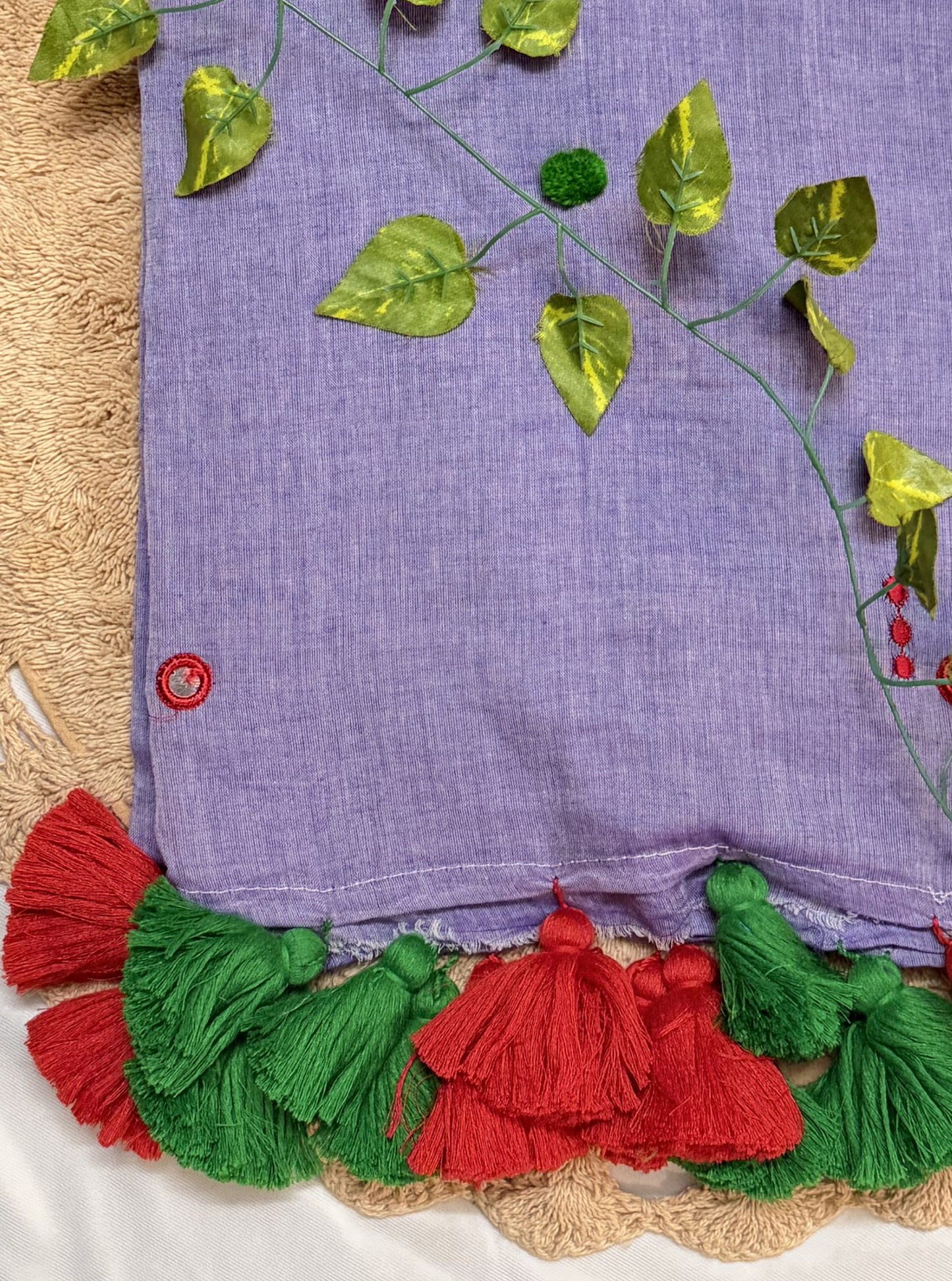 Lavender Mul Cotton Saree with Red & Green Tassels