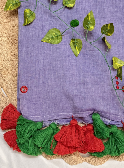 Lavender Mul Cotton Saree with Red & Green Tassels